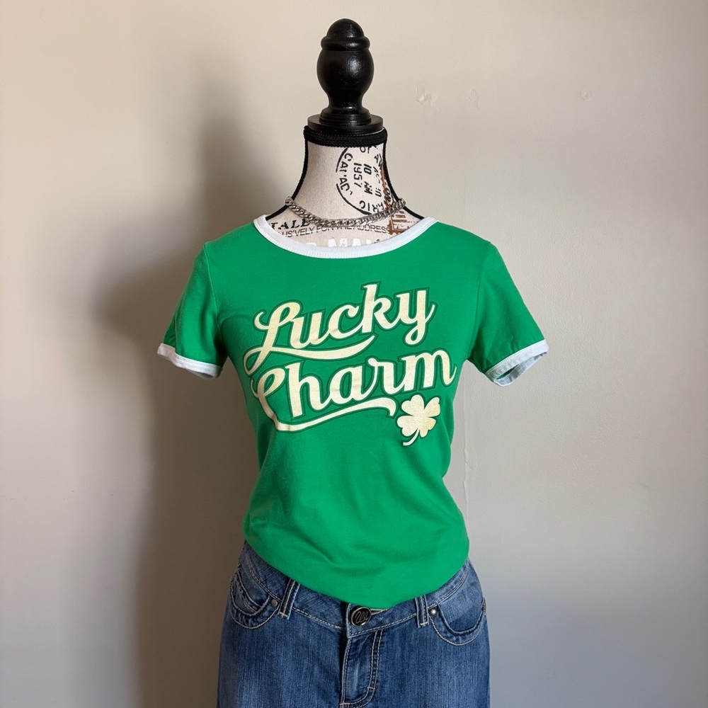 lucky charm green ringer baby tee